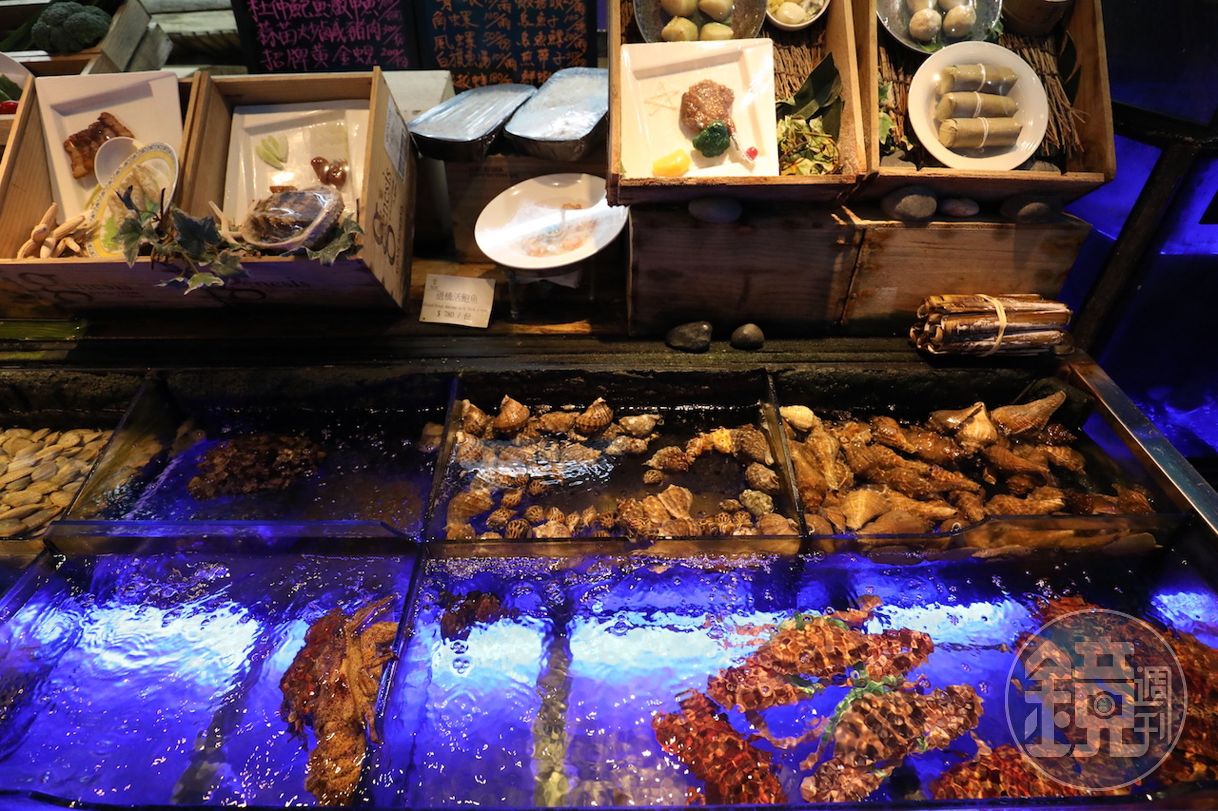 「真的好海鮮餐廳」有一區獨立的水族箱區，依溫度不同擺放多樣海鮮。