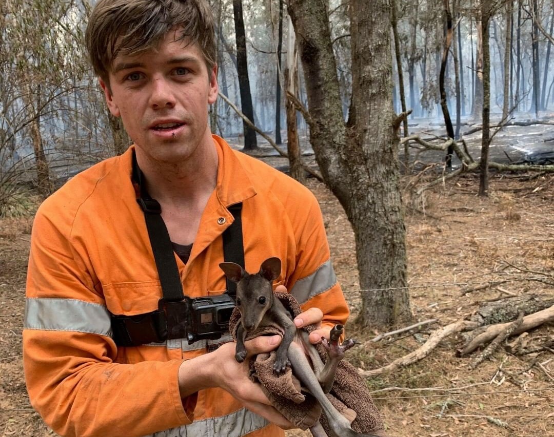 24歲的澳洲網紅山姆麥克隆返鄉投入志願消防員，在撲滅一場森林大火中，一把抱起一隻差點又入火場的小袋鼠。（翻攝自7newsaustralia IG）