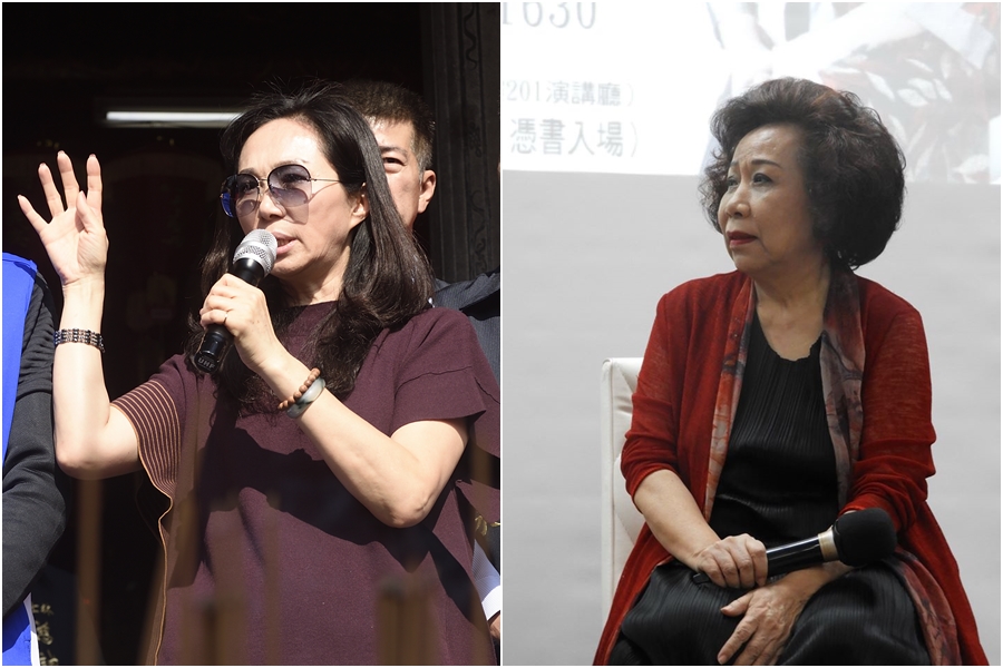 李佳芬（左圖）日前在造勢場合說出「不能為人民謀福利的政治人物都應該下地獄」，黃越綏（右圖）反問李：「敢問妳與家人地獄一遊的心得？」（右圖翻攝自黃越綏臉書）