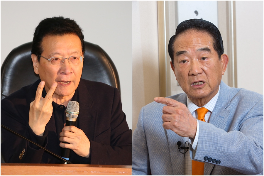 資深媒體人趙少康（左圖）在韓國瑜造勢場合提到操作棄保，宋楚瑜（右圖）回應：「當然要棄沒能力的韓國瑜」。