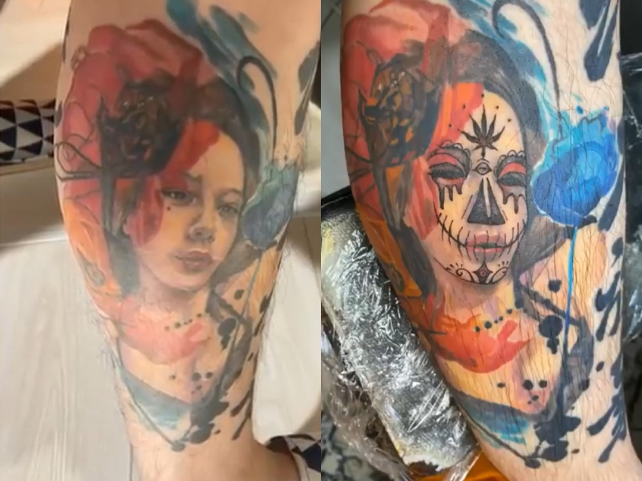 謝和弦將當初刺在小腿的Keanna人像改成恐怖的地獄新娘圖。(圖/翻攝自謝和弦YouTube)