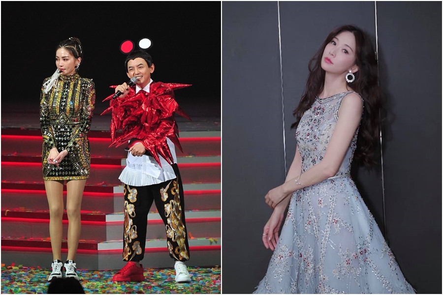 黃子佼主持《 2020超級巨星紅白藝能大賞 》與謝金燕同台，誤把林志玲當成謝金燕。（左圖台視提供、右圖翻攝林志玲臉書）