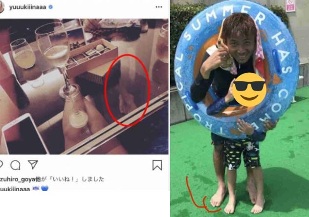 眼尖網友發現這隻腳很眼熟,懷疑優樹菜婚內出軌跟乾貴士有一腿。(翻攝自網路)