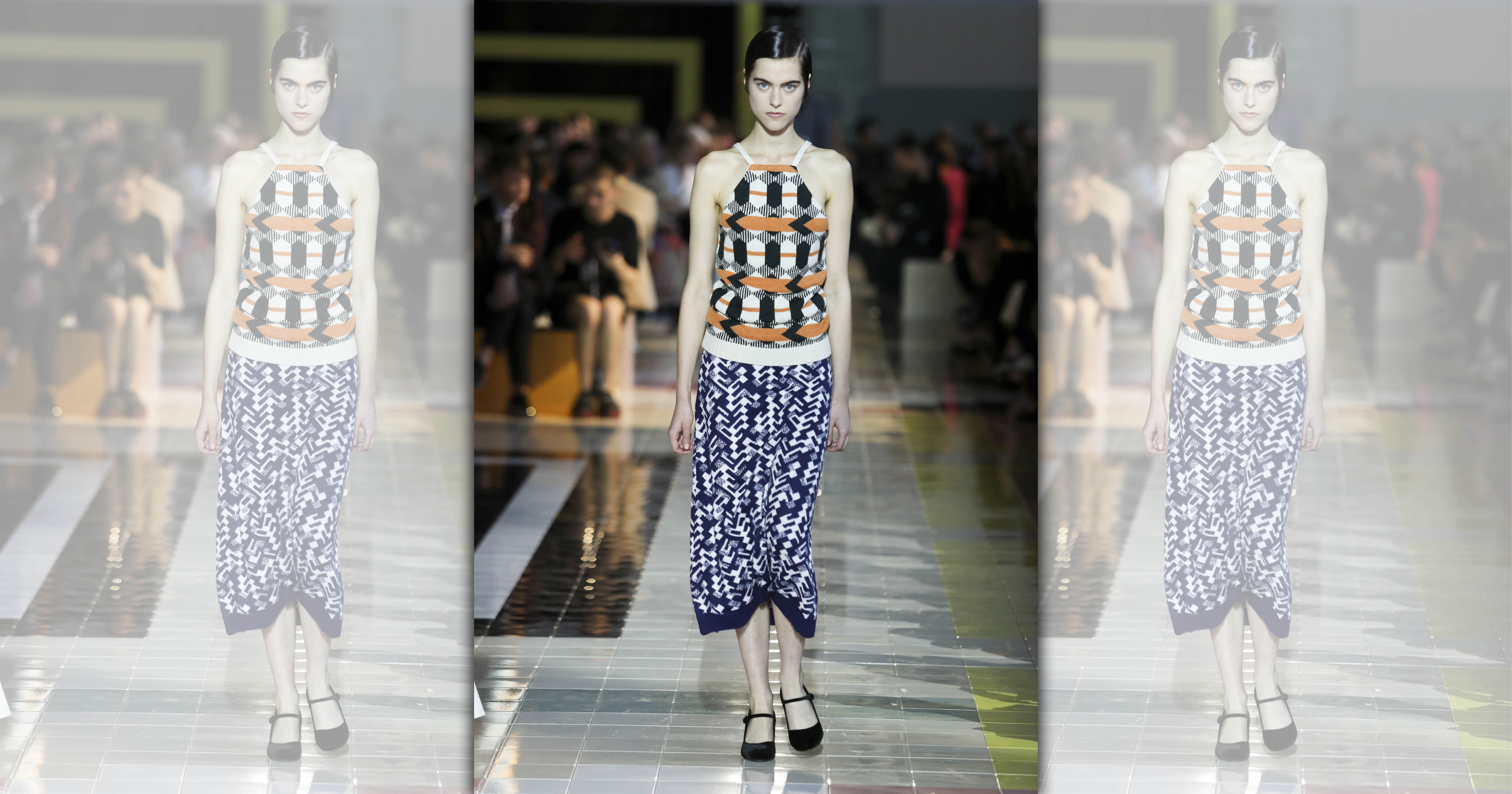 不保暖的粗織毛衣也適合在夏季穿著，Miuccia Prada特地選用這種十分藍領的材質，搭配華麗的印花展現對比。（PRADA提供）