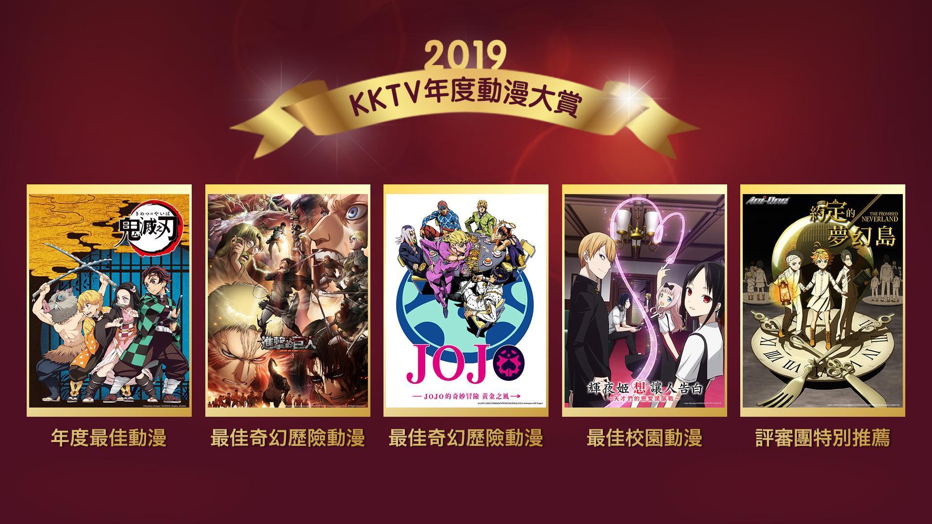 KKTV 官方舉辦年度動漫大賞,《鬼滅之刃》不但在平台上獲得 5 星好評,也獲得評審一致好評,獲頒年度最佳動漫。(KKTV 提供)