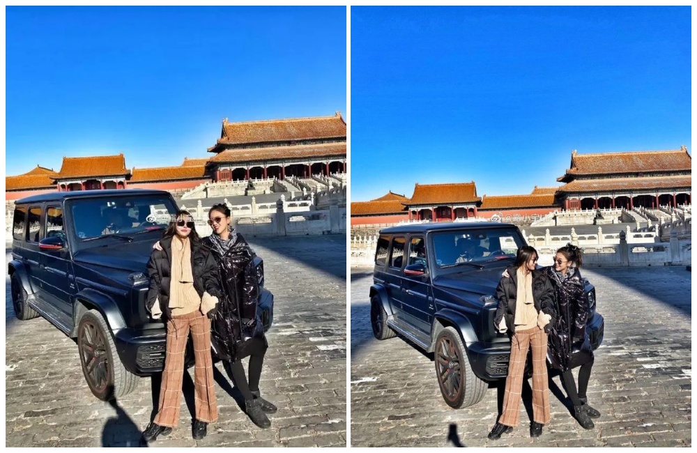 中國一名官三代女子在北京故宮閉館日,和朋友開越野車入內拍照,引起中國網友廣大不滿。(翻攝自露小宝LL微博)