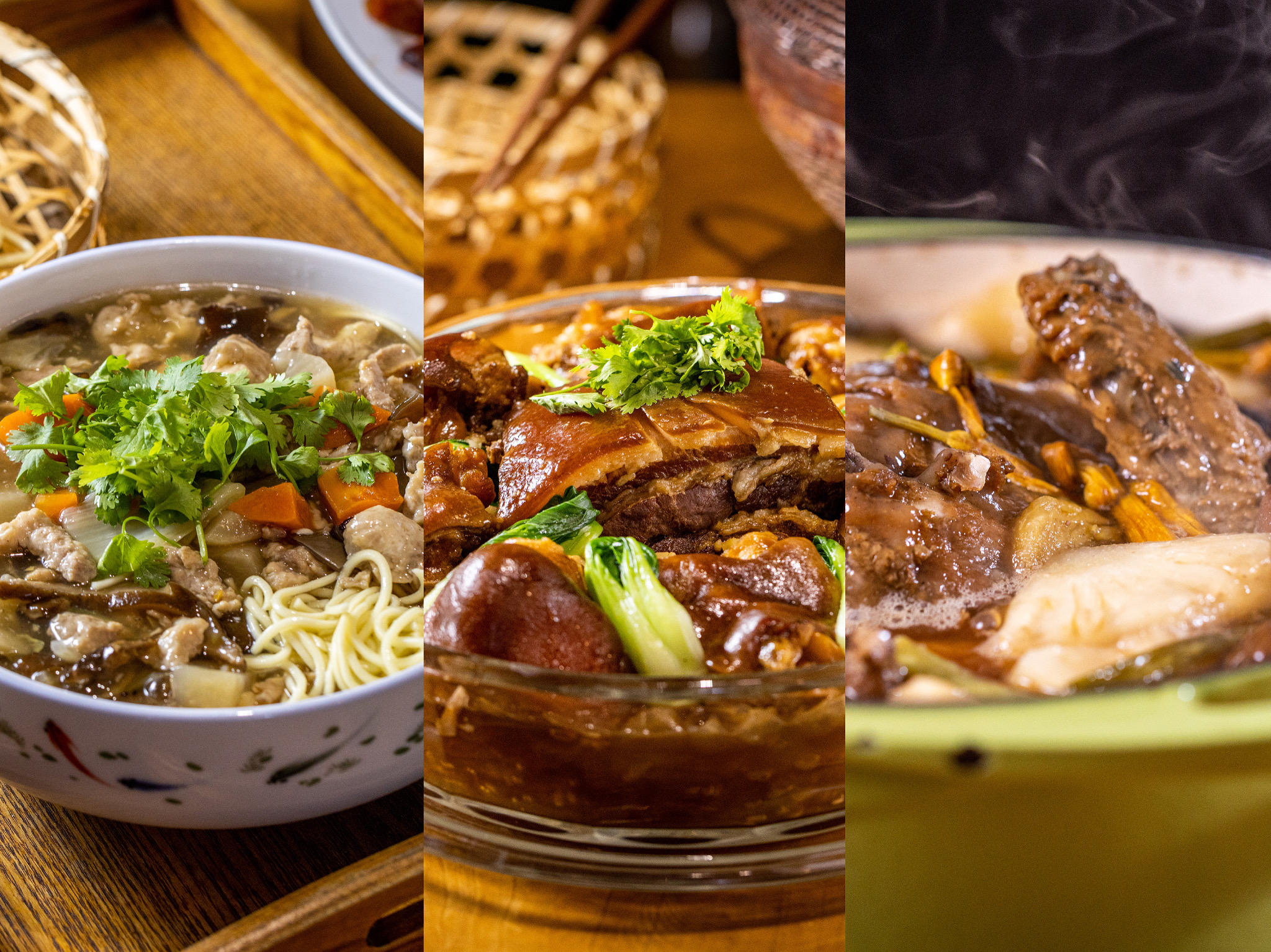 「大滷麵羹」（左）「封肉筍絲煲」（中）與「鳳梨雞燉蔬菜」（右）都是利用過年拜拜的定番料理再變身。