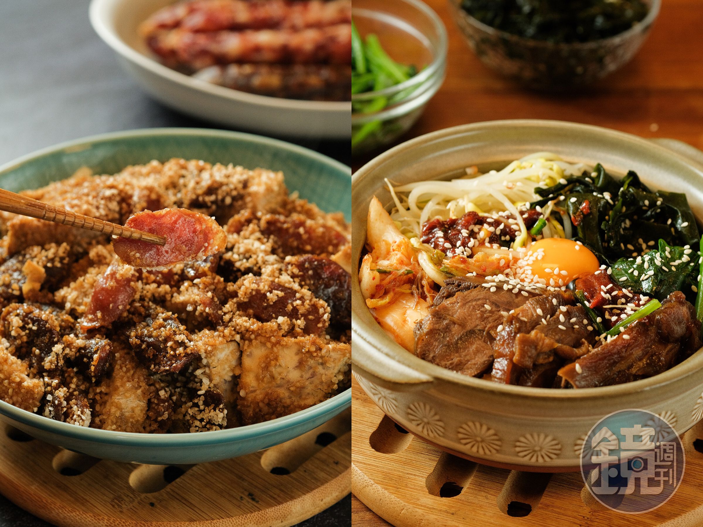 粉蒸芋頭臘腸（左）和滷牛腱石鍋拌飯（右）運用市場的美味熟食就能輕鬆上菜。