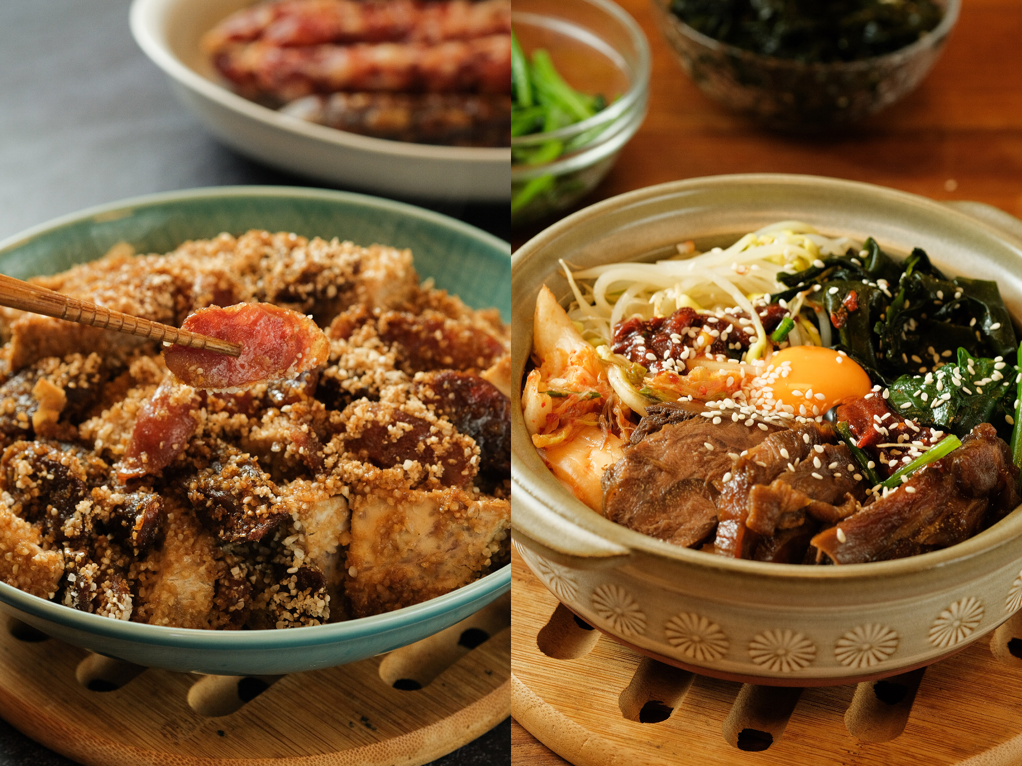 粉蒸芋頭臘腸（左）和滷牛腱石鍋拌飯（右）運用市場的美味熟食就能輕鬆上菜。