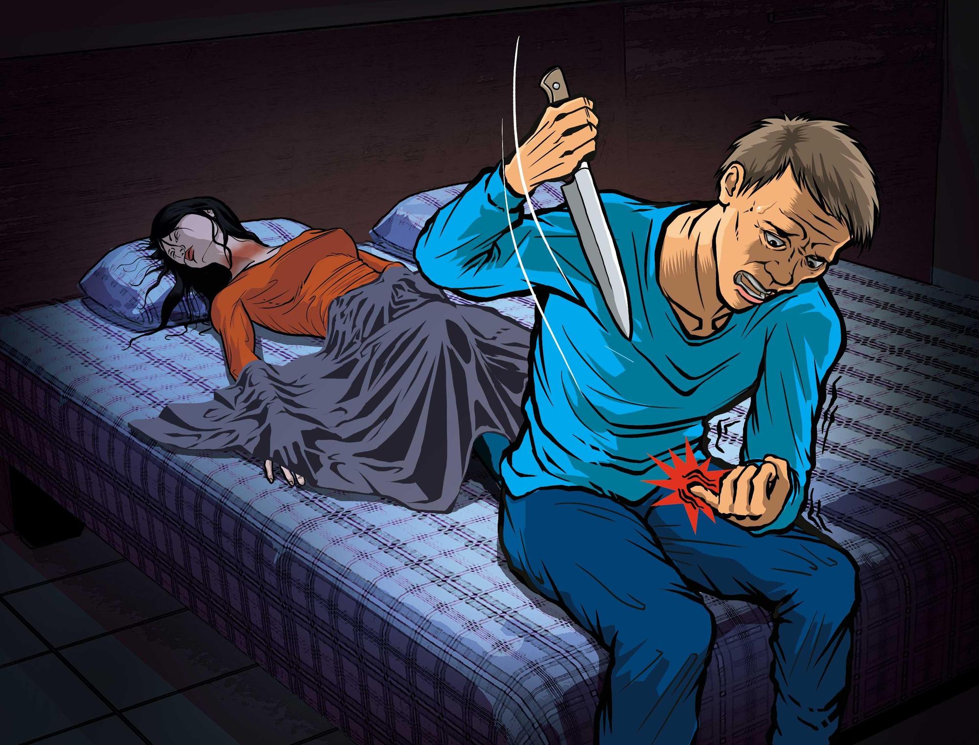 陳智賢掐死阿娟後心慌不已,拿刀自殘,還割手指,想同歸於盡。