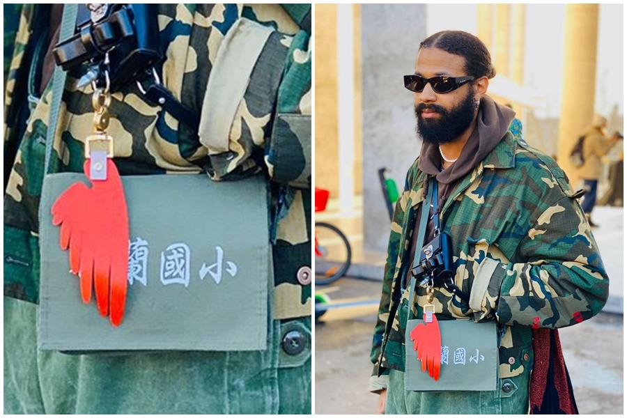 2020巴黎時裝週有看秀來賓，把都蘭國小書包搭上身，引起台灣網友熱議。（翻攝自Mr.布雷蕭臉書）