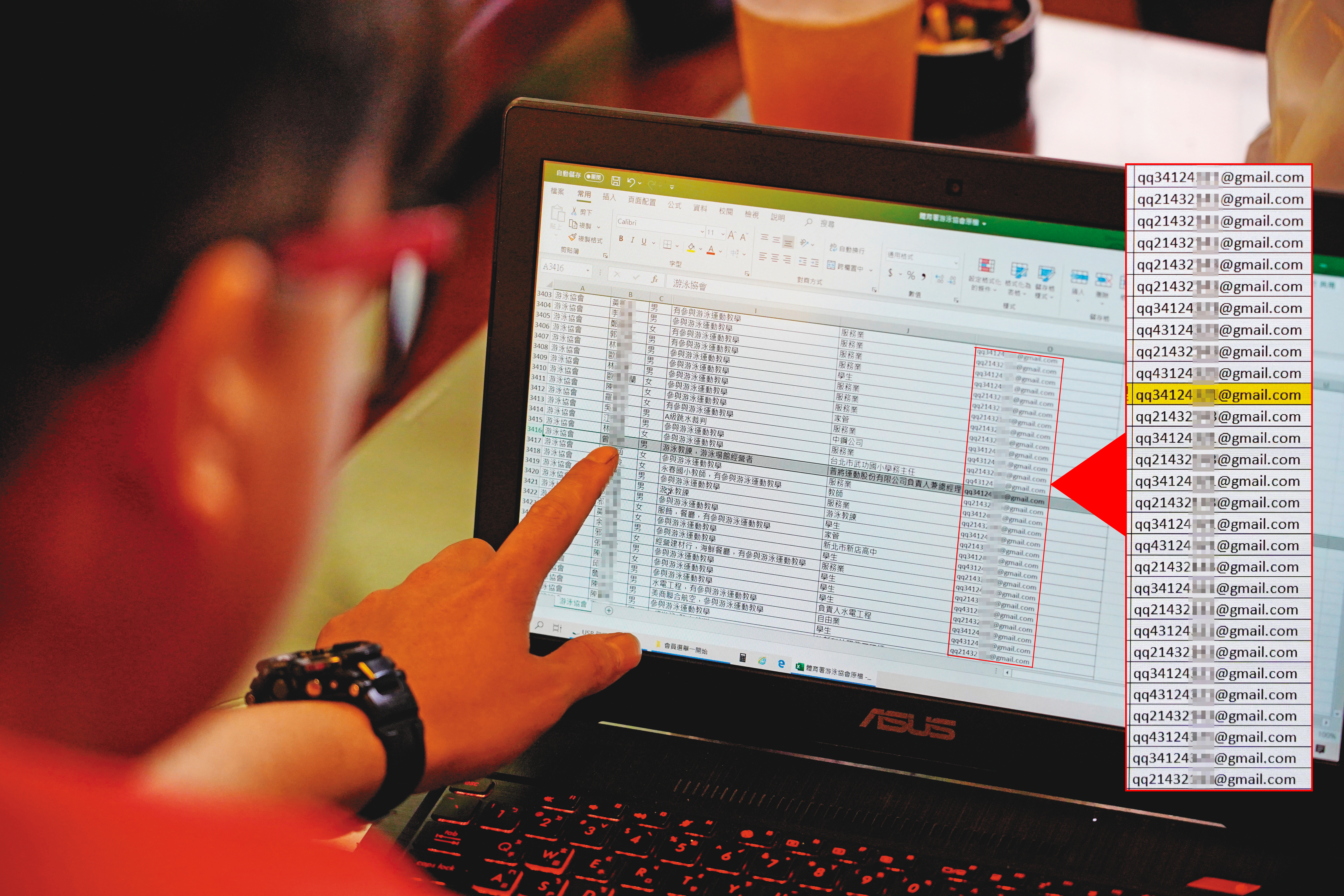 潘信羽說，泳協會員的電子信箱開頭只要是qq的，幾乎都是他設的人頭帳號。