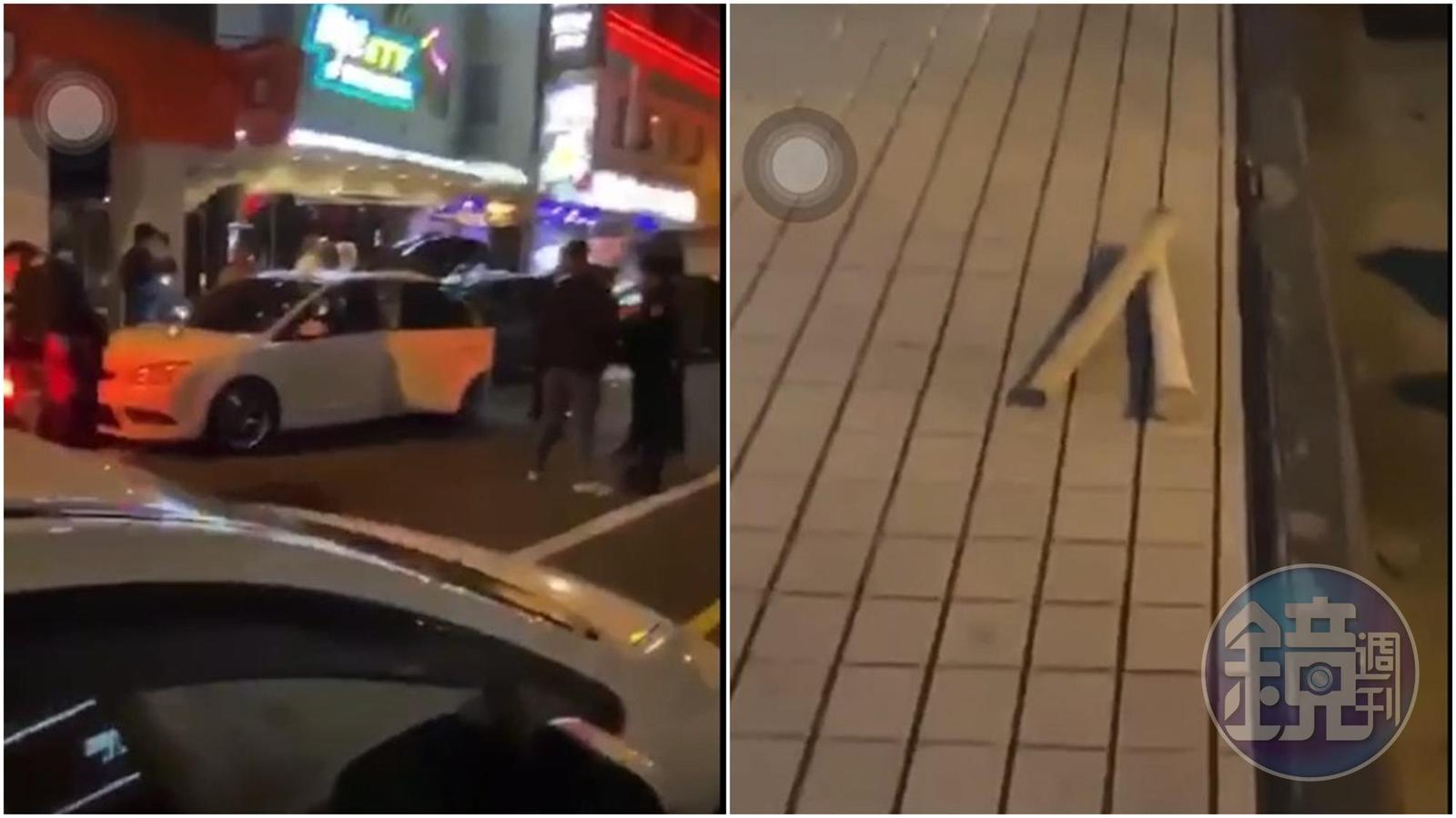 大批警力在KTV前清查現場人士身分，人行道上遺留疑似棍棒的物品。（民眾提供）