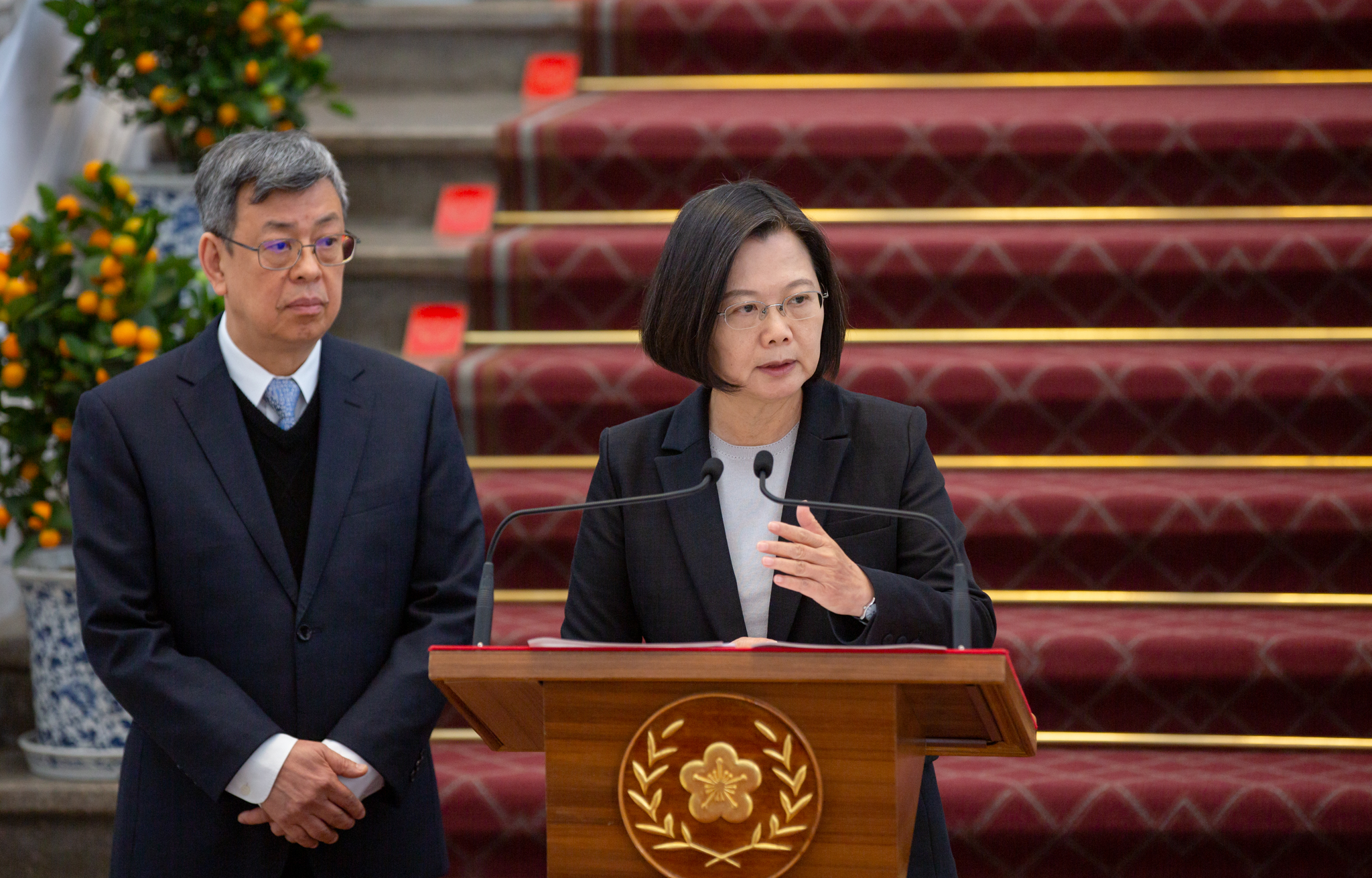 蔡英文上午表示，交通部已將旅遊警示提高，同時要求暫停兩岸武漢旅遊團來往。（總統府提供）