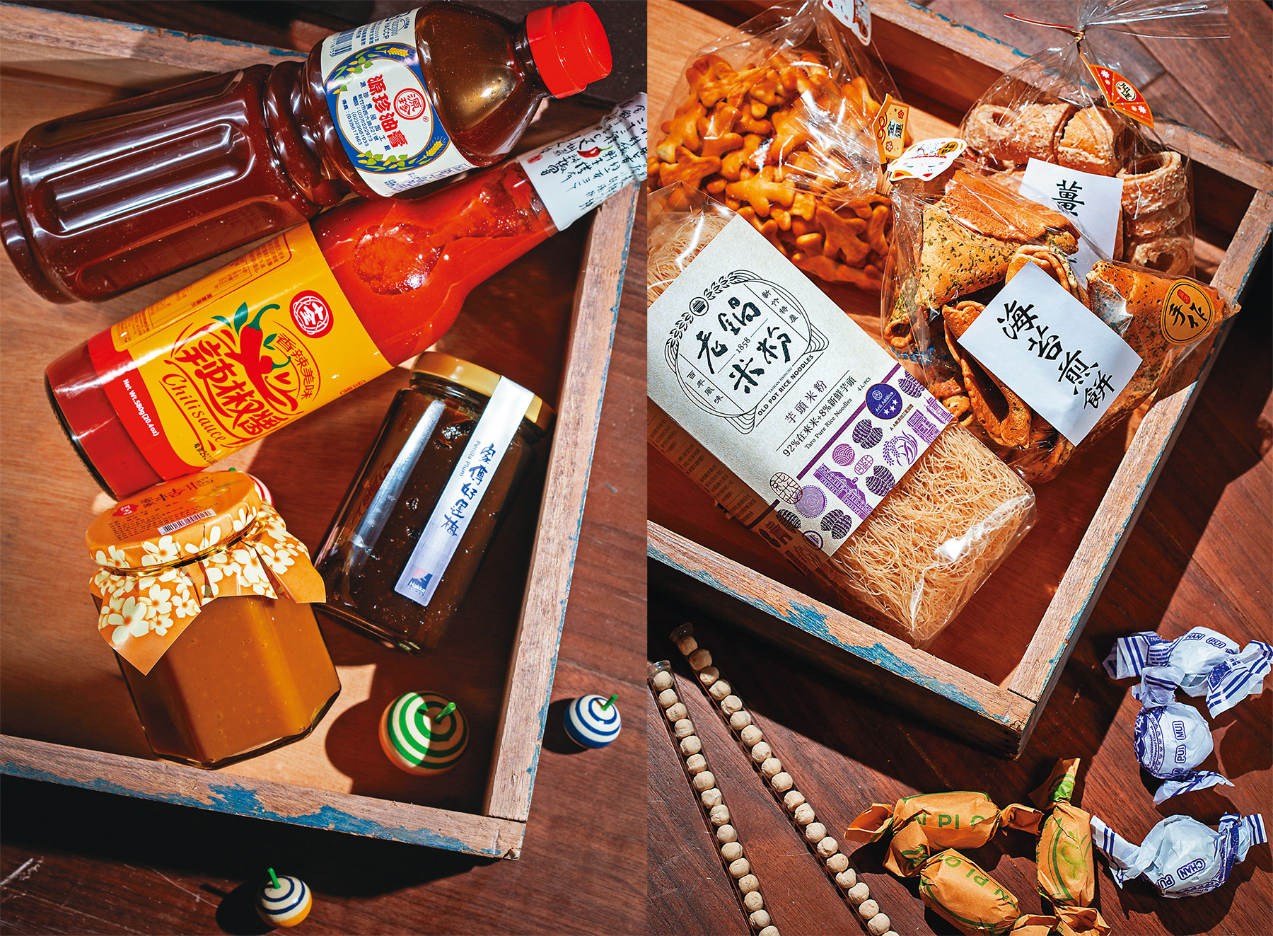 在「豊賀伴手」可以買到張傳記號的餅乾、三元的煎餅與老鍋米粉等新竹名物（右圖）。（50～90元／包）；源珍醬油膏、十全辣椒醬、阿金姐桔醬和好運梅等（左圖），都是新竹人吃麵配菜日常生活不可或缺的調味。（50～230元／個）