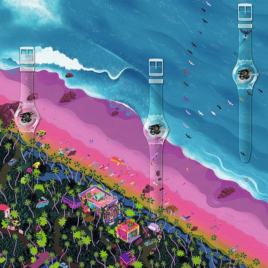 美國衝浪好手Courtney Conlogue,以她夢想的衝浪聖地「Balibu峇里布」為藍圖,在今年為SWATCH發想出一款首次結合運動主題的SWATCH X YOU畫布。