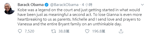 美國前總統歐巴馬在推特上哀悼Kobe，表示失去吉安娜令為人父母的我們更加心碎。（翻攝自推特）