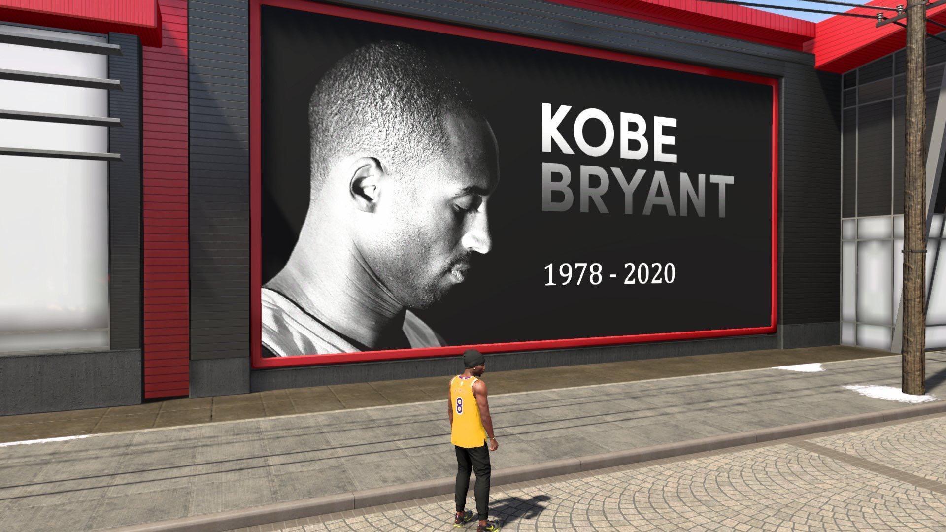 《NBA 2K20》將遊戲中的廣告看板換成悼念布萊恩的照片,玩家也將遊戲中的球員穿上布萊恩球衣,悼念這位偉大球星。(翻攝自reddit)