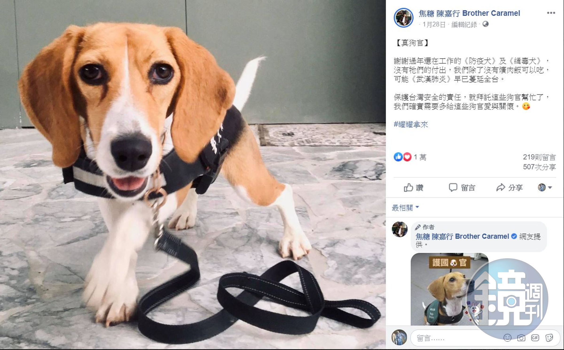 「狗官」話題正熱，「焦糖」陳嘉行貼圖感謝過年還在工作的防疫犬及緝毒犬。（翻攝焦糖 陳嘉行臉書）