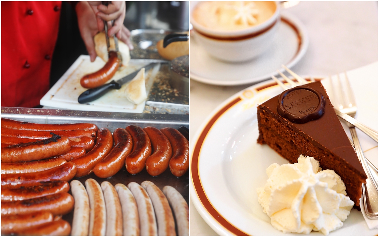 （左）位於維也納歌劇院旁的香腸攤，是本地人與觀光客的最愛。（右）「薩赫咖啡館」被認證為擁有最正統的沙河蛋糕。 （7.5歐元／片，約NT$256）