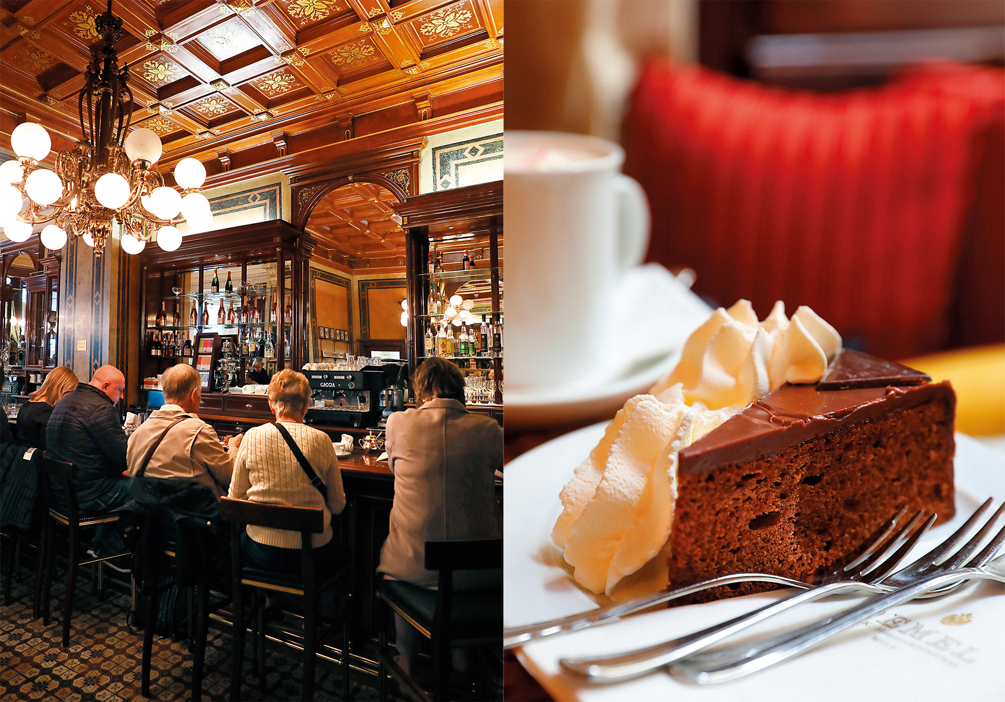 （左圖）「德梅爾咖啡店」曾是奧地利皇室的御用甜點店，店內總是排滿來朝聖的觀光客；（右圖）德梅爾「沙河蛋糕」的蛋糕體較乾、口感較甜，給的鮮奶油也比較多。（6.7歐元／份，約NT$228）
