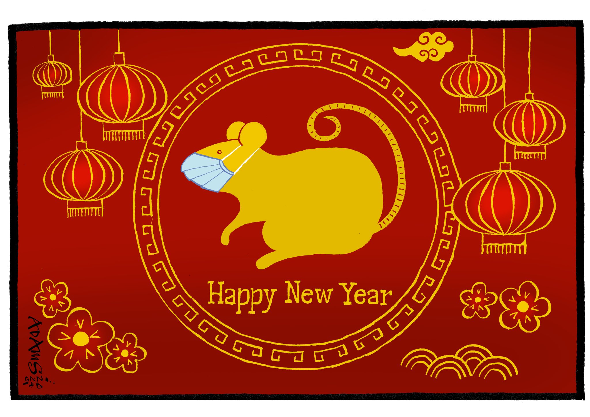 英國《標準晚報》的農曆新年漫畫是戴著口罩的大老鼠。（網路截圖：twitter）