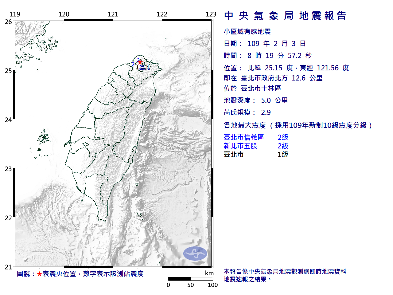 台北今8點19分發生一起小規模地震，震央位於台北士林。（翻攝自中央氣意象局）