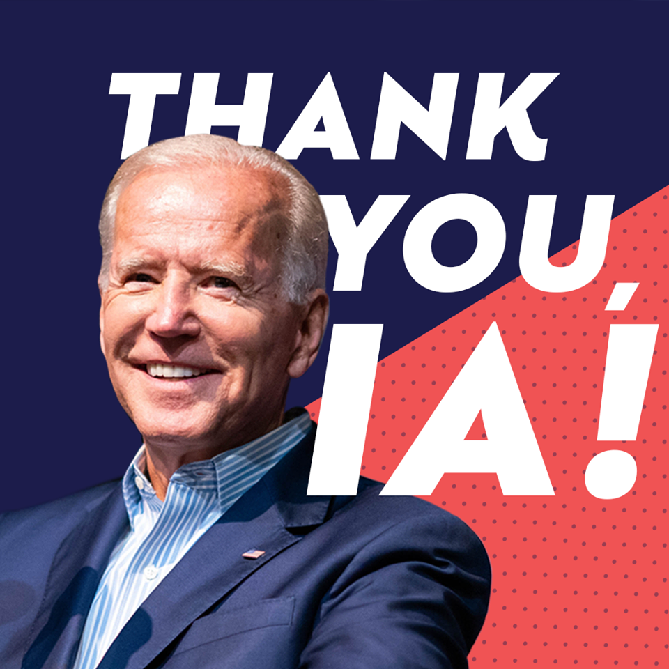 民主黨總統參選人拜登在愛荷華州黨團會議後在社群媒體向愛荷華州的選民表達感謝。(網路截圖:facebook/Joe Biden)