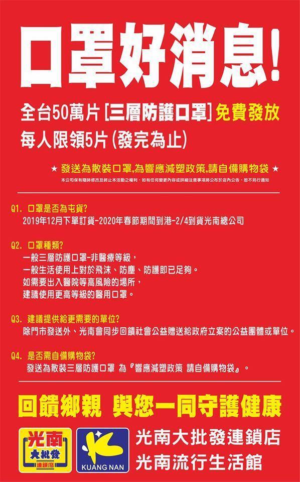 「光南大批發」贈送的為一般三層防護口罩,並非醫療等級口罩。(翻攝自光南大批發-連鎖店臉書)