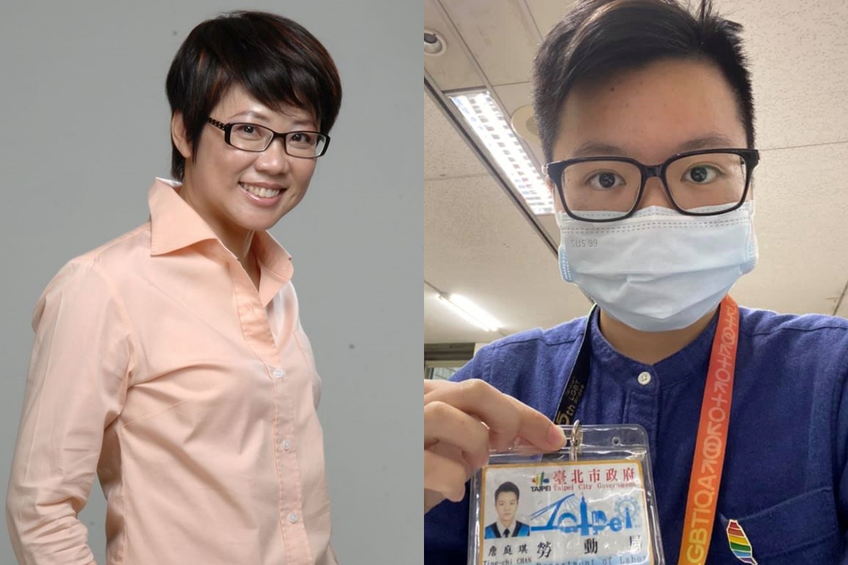 陳信瑜接任北市勞動局長（左），局裡勞工詹庭琪（右）公開抗議。（翻攝自臉書）