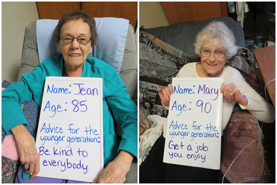 在美國惠特蘭一家護理療養院Wheatland Manor，邀請住在裡面的爺爺奶奶，寫下自己給年輕一代分享的建議。（翻攝自Wheatland Manor臉書）