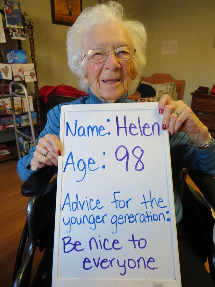 98歲的Helen說：對他人和善一點（Be nice to everyone.）。（翻攝自Wheatland Manor臉書）
