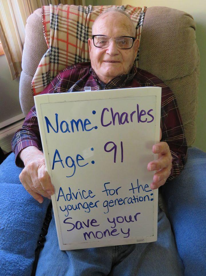 91歲的Charles說：記得存錢（Save your money.）。（翻攝自Wheatland Manor臉書）