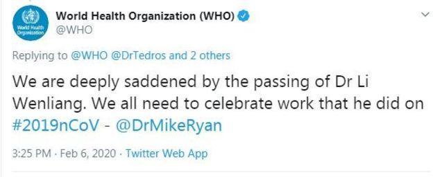國際衛生組織(WHO)通過官方推特網頁第一時間對李文亮去世表示哀悼。(翻攝自推特)