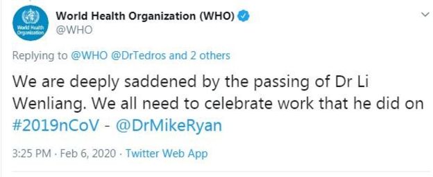 國際衛生組織（WHO）通過官方推特網頁第一時間對李文亮去世表示哀悼。（翻攝自推特）