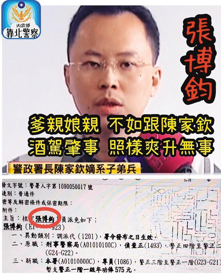 臉書社團「靠北警察」出現譏諷張博鈞酒駕肇事，卻能破例升官的發文。（翻攝臉書靠北警察社團）