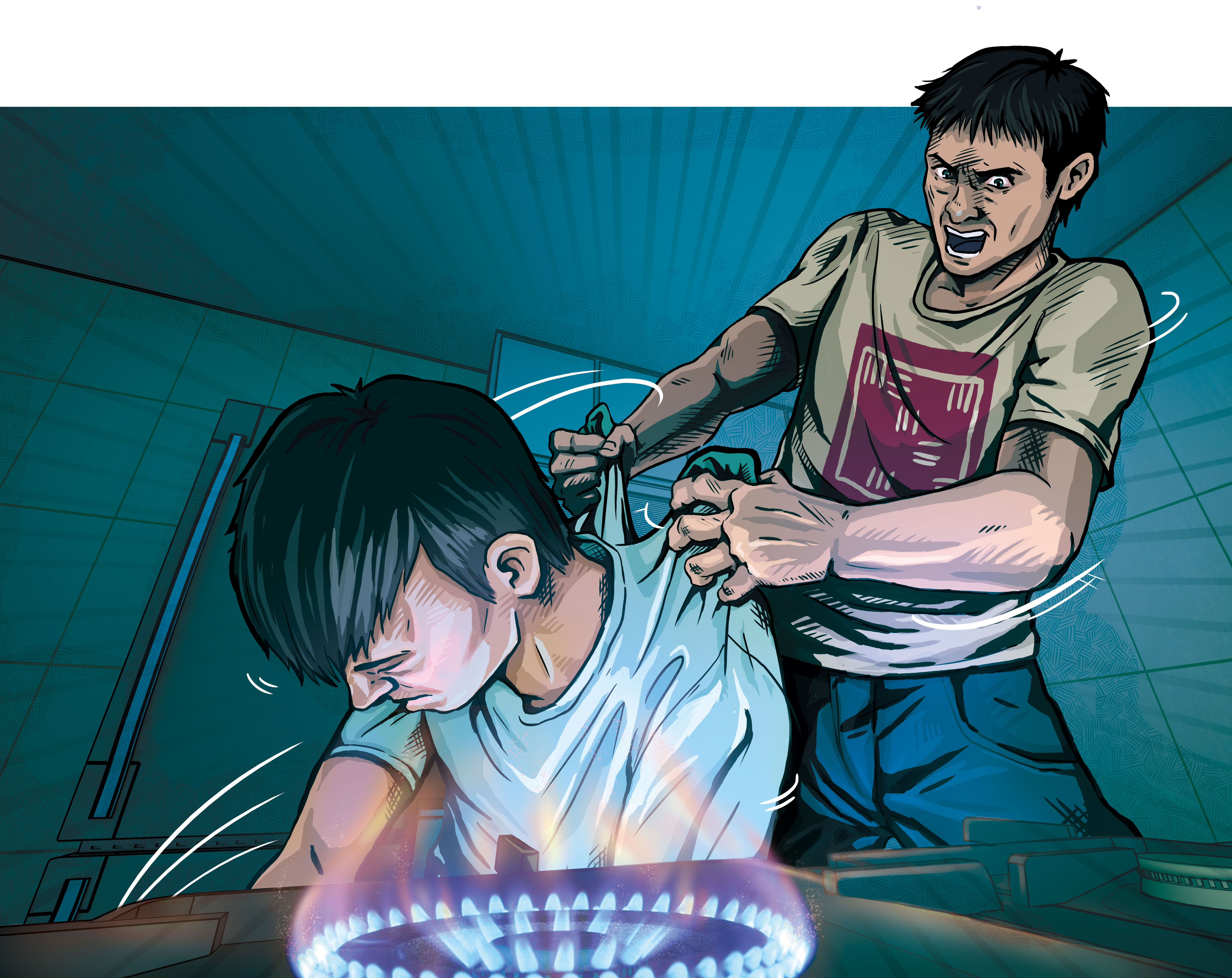 黃靖亞（右）將劉郁志（左）勒斃後，拖到瓦斯爐上燒烤，故布疑陣。