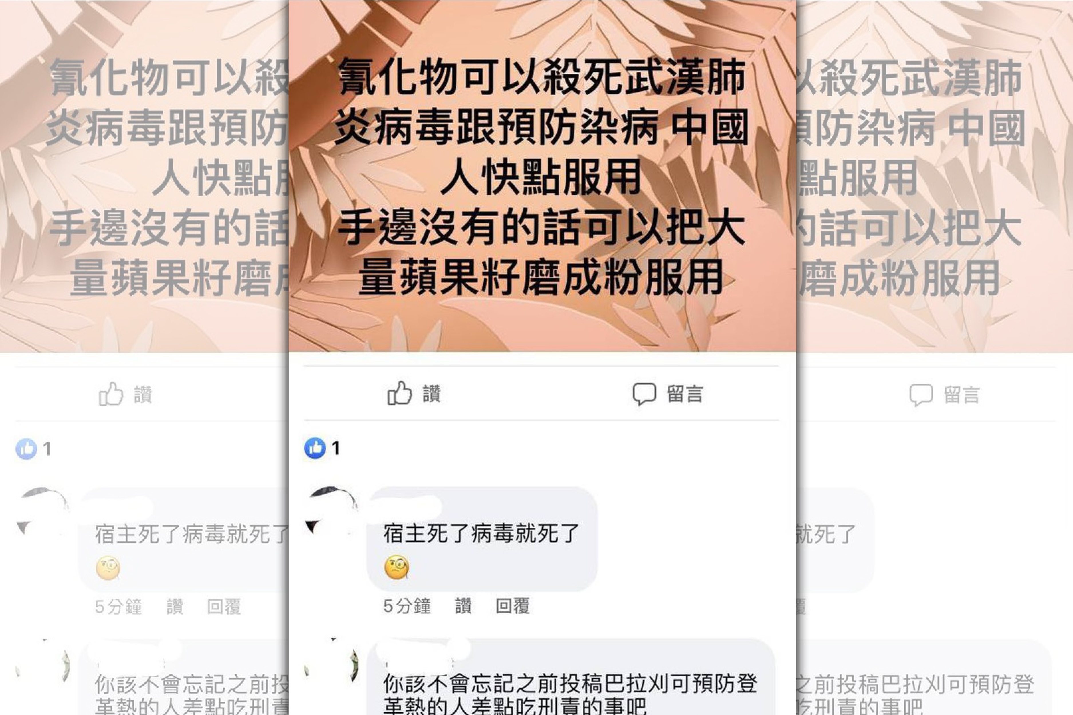 游男在臉書散佈氰化物可以殺死武漢肺炎病毒的假訊息。（翻攝臉書）