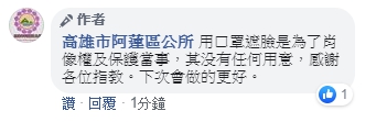 訪視照片被網友發現口罩都是P圖後,阿蓮區公所留言回應,「用口罩遮臉是為了肖像權及保護當事者,其沒有任何用意…」(翻攝自高雄市阿蓮區公所臉書)