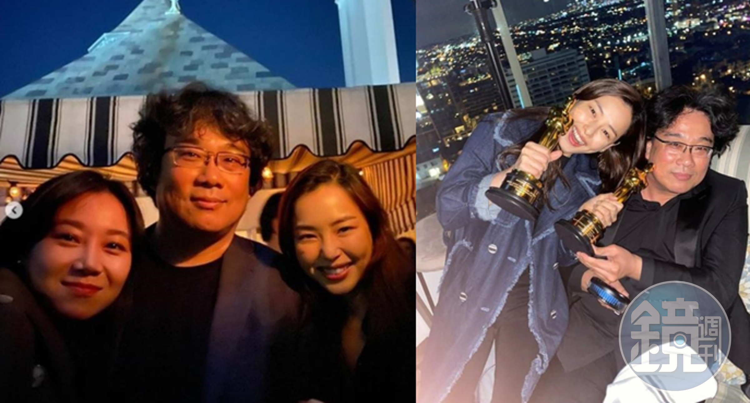 李荷妮（左圖右、右圖左）及孔曉振（左圖左）出席《寄生上流》慶功宴，慘遭韓國網友出征。（翻攝自李荷妮、孔曉振IG）