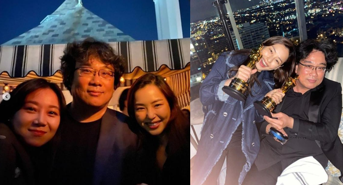 李荷妮（左圖右、右圖左）及孔曉振（左圖左）出席《寄生上流》慶功宴，慘遭韓國網友出征。（翻攝自李荷妮、孔曉振IG）