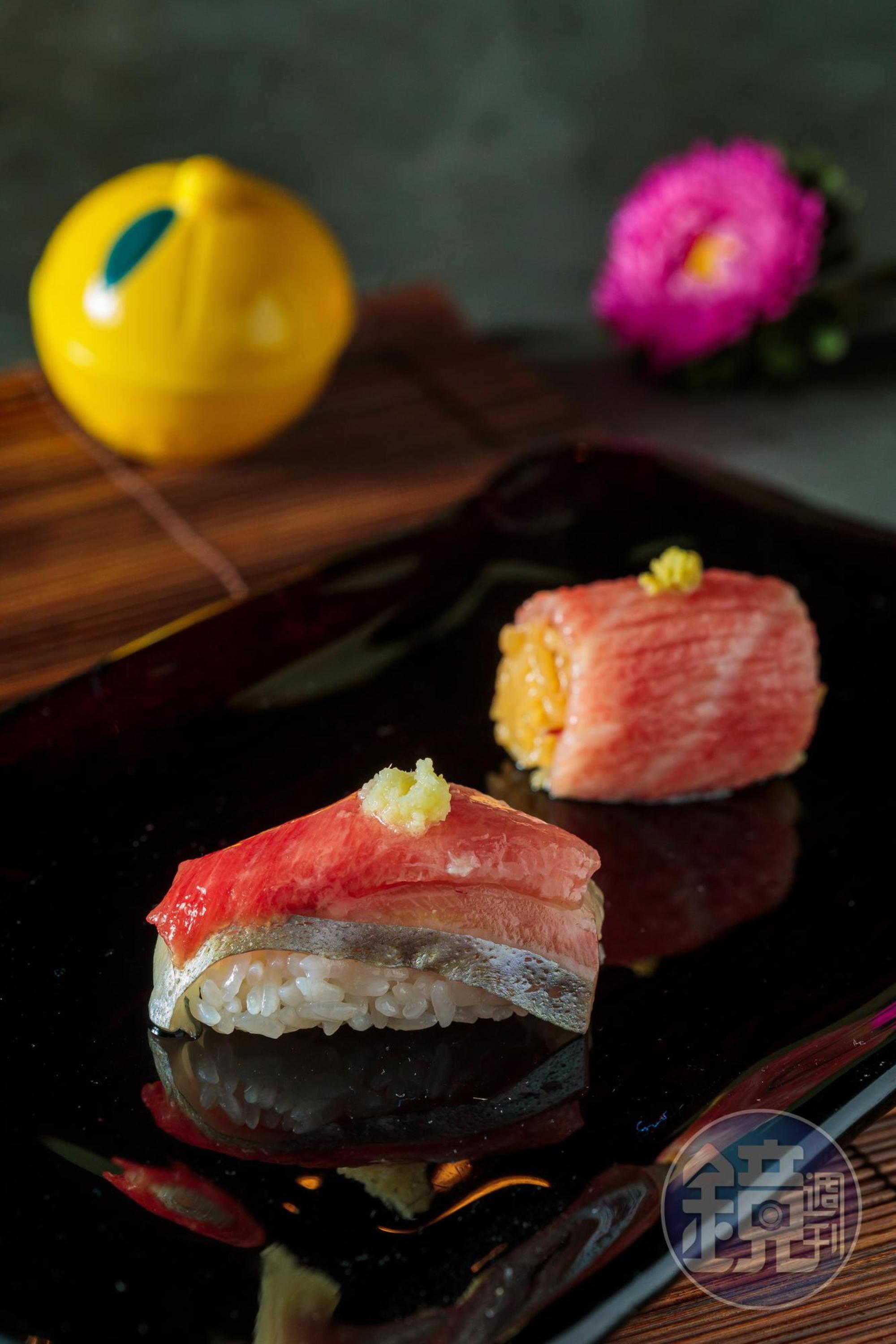 濃郁彈脆的「白魽拼黑鮪魚壽司」（前）和酸鮮滑潤的「紅醋鮪魚壽司」（後）。（皆為1,200元套餐菜色）