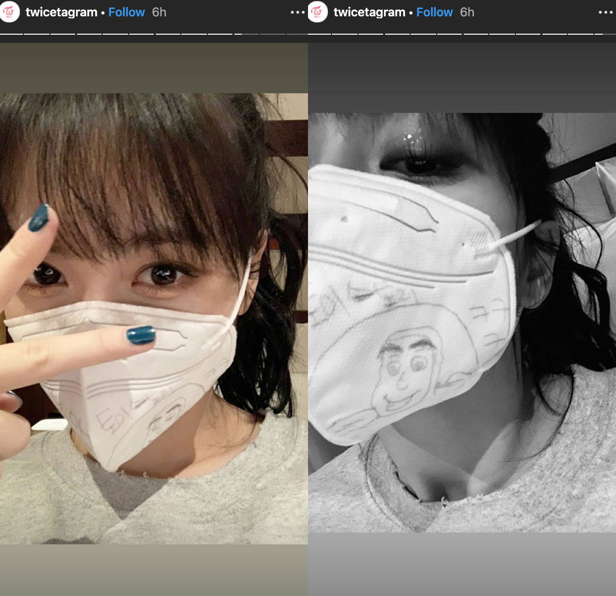 MOMO在限時動態秀出戴口罩的自拍,仔細看口罩上畫了巴斯光年。(翻攝自TWICE IG)