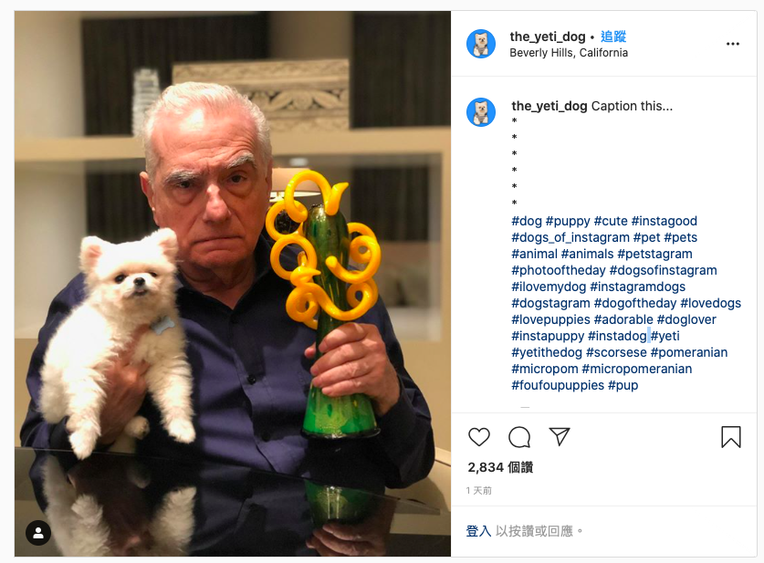 導演馬丁史科西斯,一手抱著愛犬「雪人」,一手拿著棕櫚泉影展的獎座,開放讓網友寫設計對白,儼然對奧斯卡槓龜有所不滿。(翻攝the yeti dog官方Instagram)
