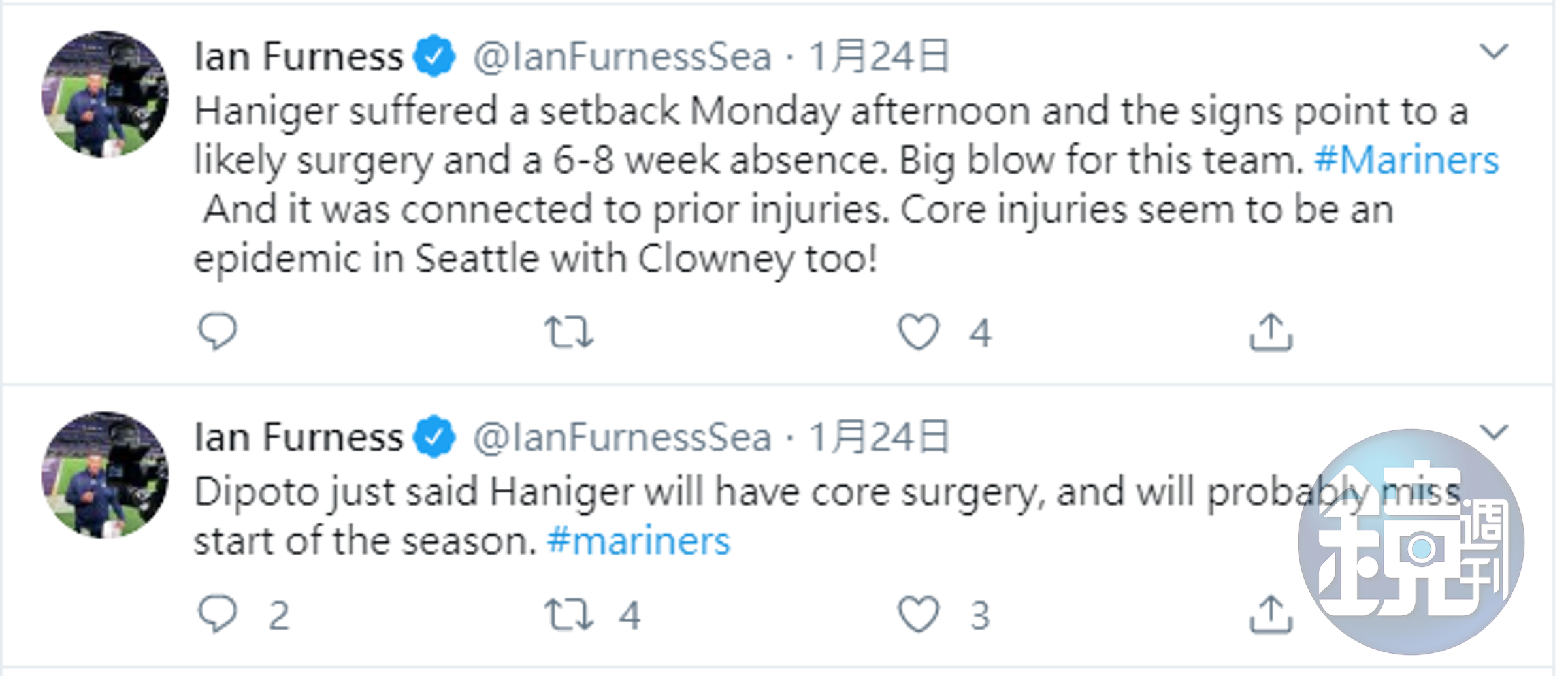 水手記者先前在推特上指出，海尼格復健遭遇挫折，恐要再動手術。（翻攝自Ian Furness推特）