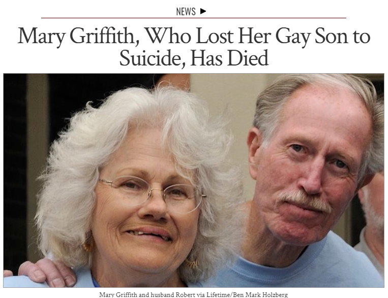 外媒報導，瑪莉葛里菲斯在家中逝世，享壽85歲。（翻攝自https://www.advocate.com/）