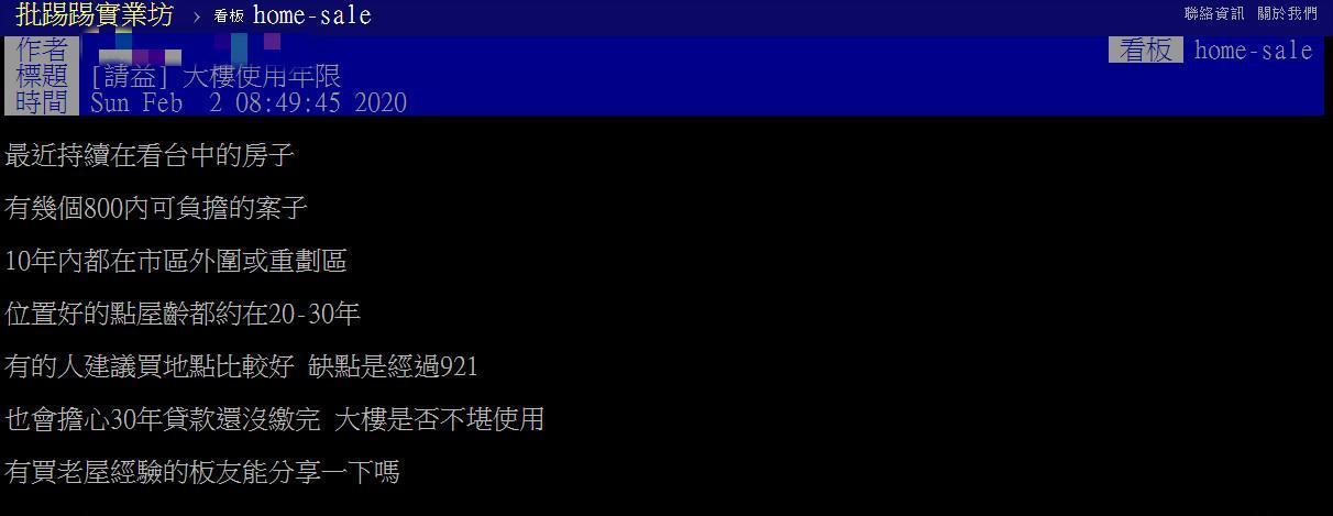 網友詢問台中買房問題。（翻攝自PTT購屋板）