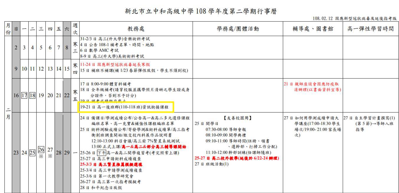 中和高中於19日開課，明顯與中央疫情指揮中心不同調。（翻攝中和高中官網）