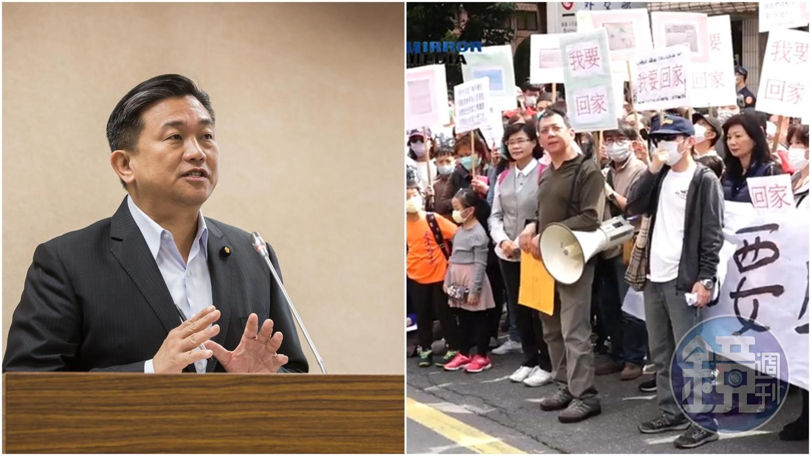 兩岸婚姻協調促進會會長鍾錦明昨說出:「我們要回家就好,防疫不是我們的事。」民進黨立委王定宇(左圖)今天在臉書起底鍾錦明。( 合成圖,攝影組、翻攝自影片)