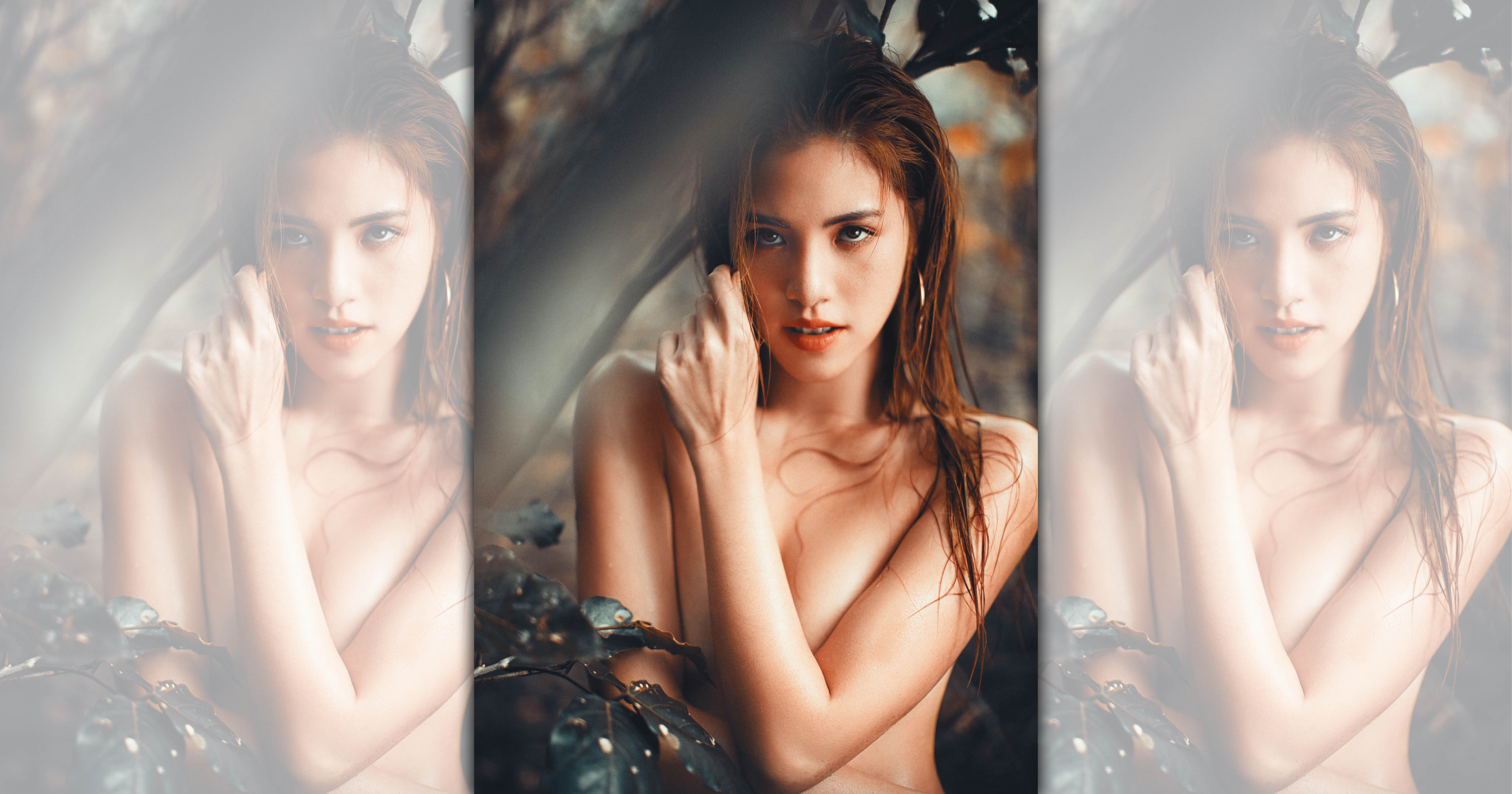 本刊搶先曝光書那娜在竹林祕境拍攝的超清涼性感照，上半身幾近全裸。（尖端出版提供）